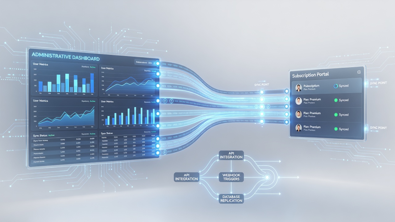 Diagram showing data flow between administrative dashboards and client subscription portals in analysis networks