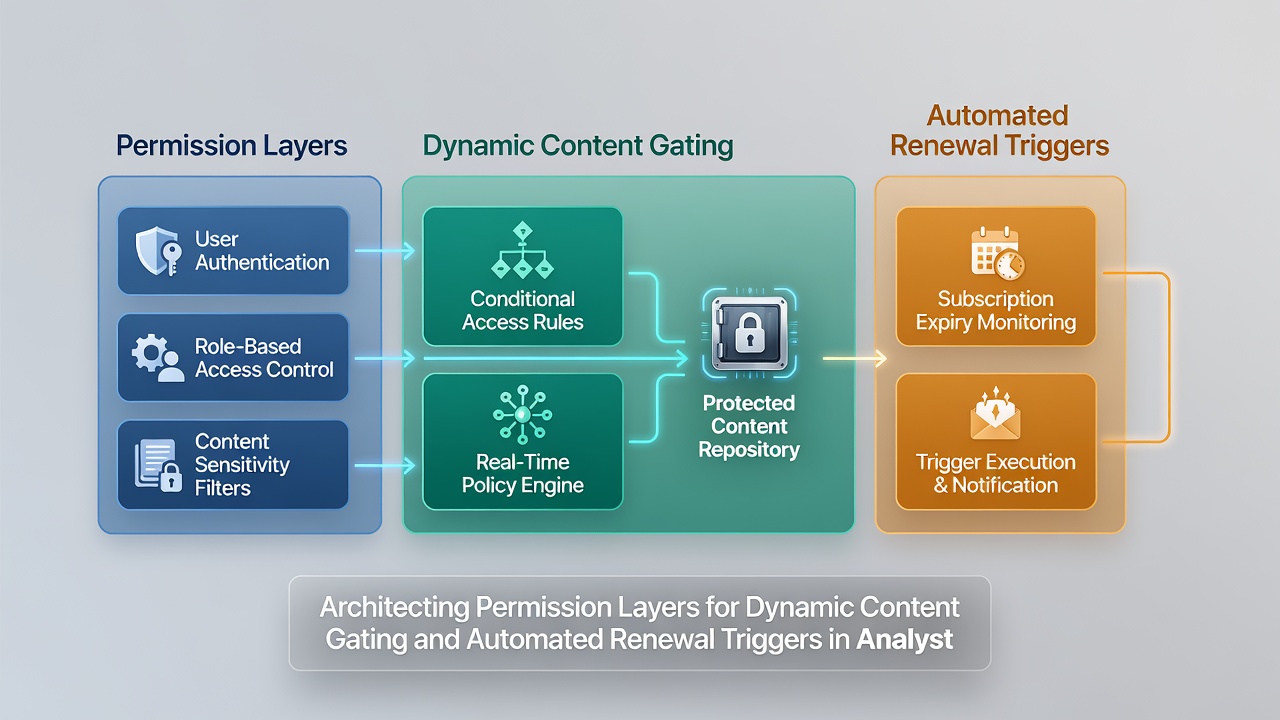 Flowchart illustrating automated renewal triggers integrated with permission evaluation in analyst platforms