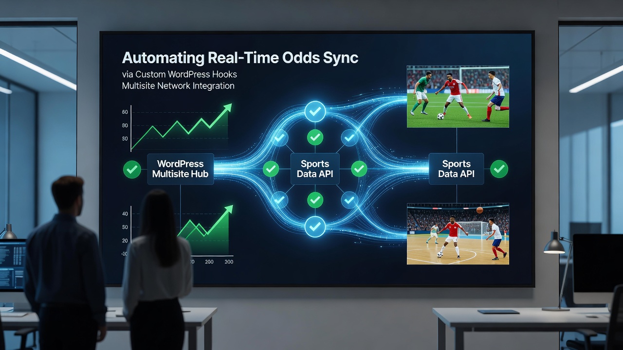 WordPress multisite network diagram showing real-time odds data flow across multiple sports forecasting sites