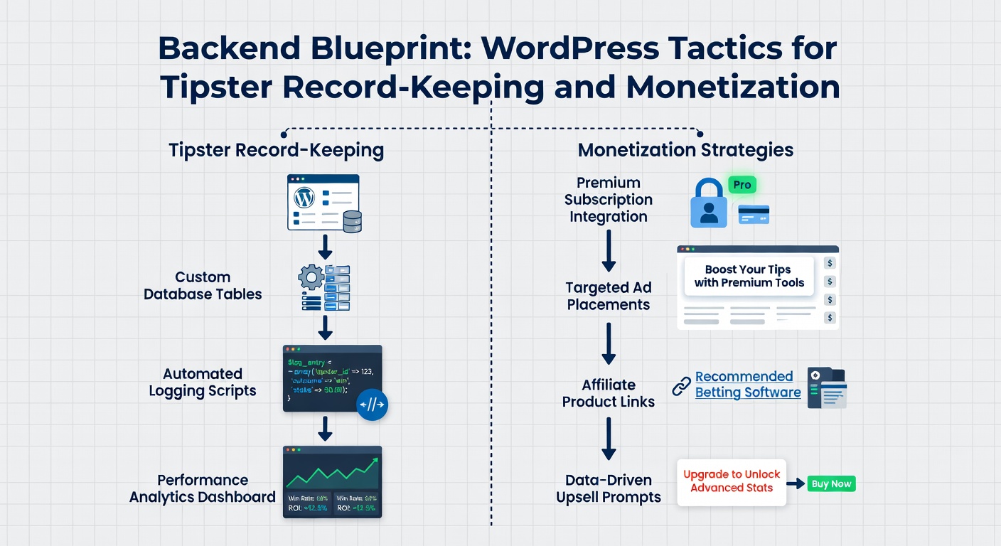 Custom WordPress monetization dashboard showing subscription tiers, affiliate links, and revenue graphs for tipster services