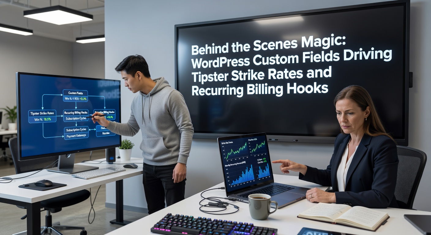 WordPress dashboard displaying custom fields for tipster performance metrics and billing integrations, with graphs showing strike rate trends