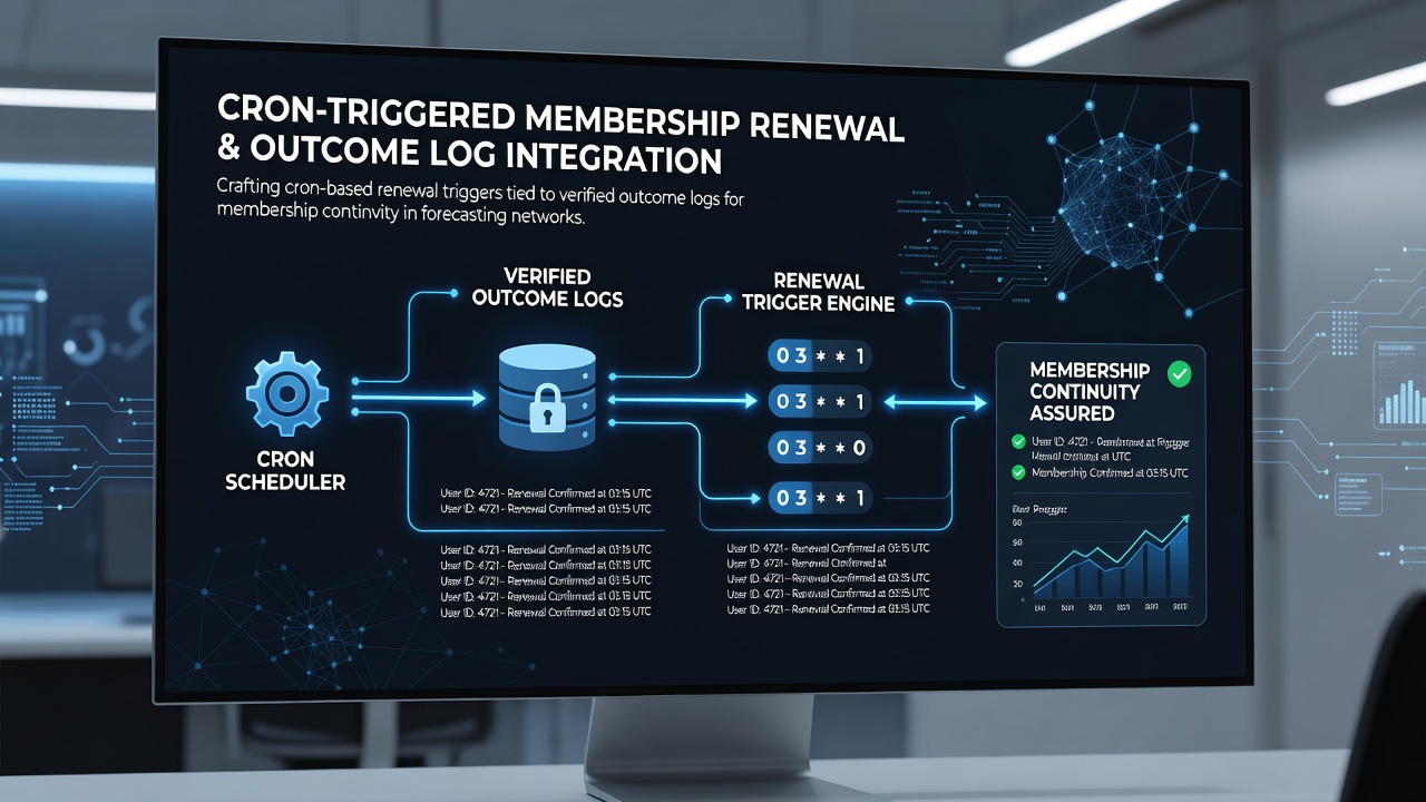 Automated cron scheduling interface displaying renewal triggers linked to outcome verification logs in a forecasting platform dashboard