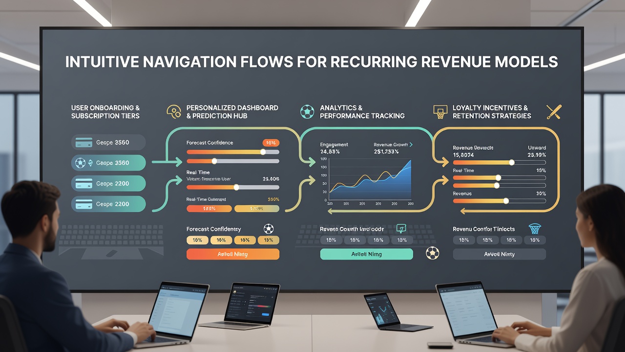 User flow diagram illustrating navigation paths from free content to subscription renewal in a sports forecasting portal