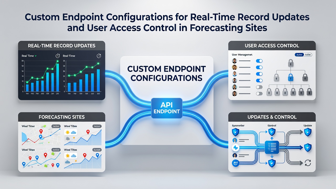 Technical diagram showing custom API endpoints handling real-time data flows and access permissions in forecasting platforms