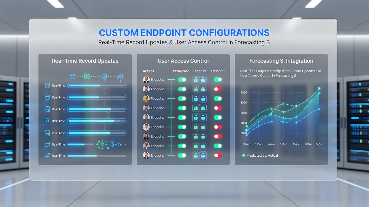 Screenshot of an admin interface configuring endpoint permissions and real-time sync settings for forecasting data