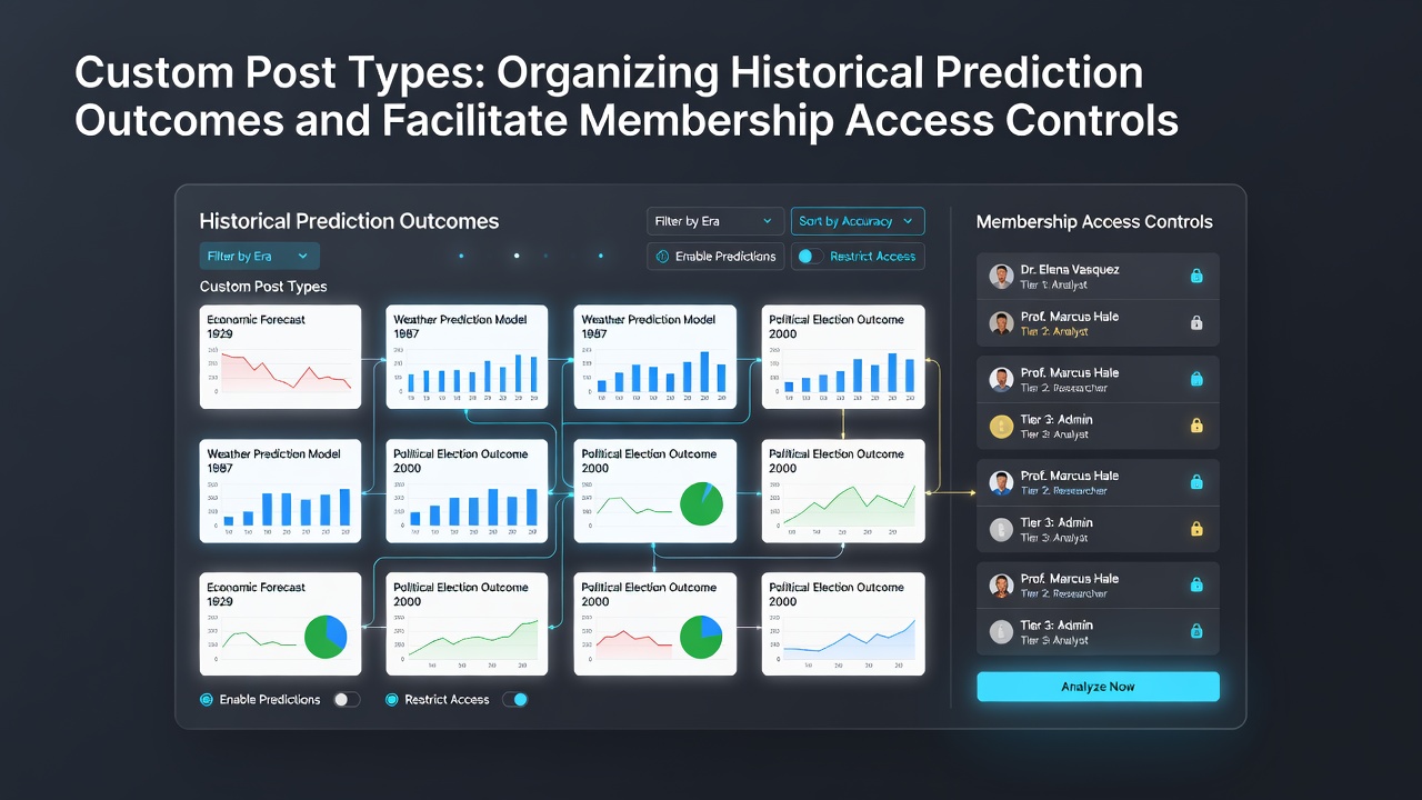 Custom post types dashboard view showing organized historical prediction records with membership status indicators in a sports analysis platform