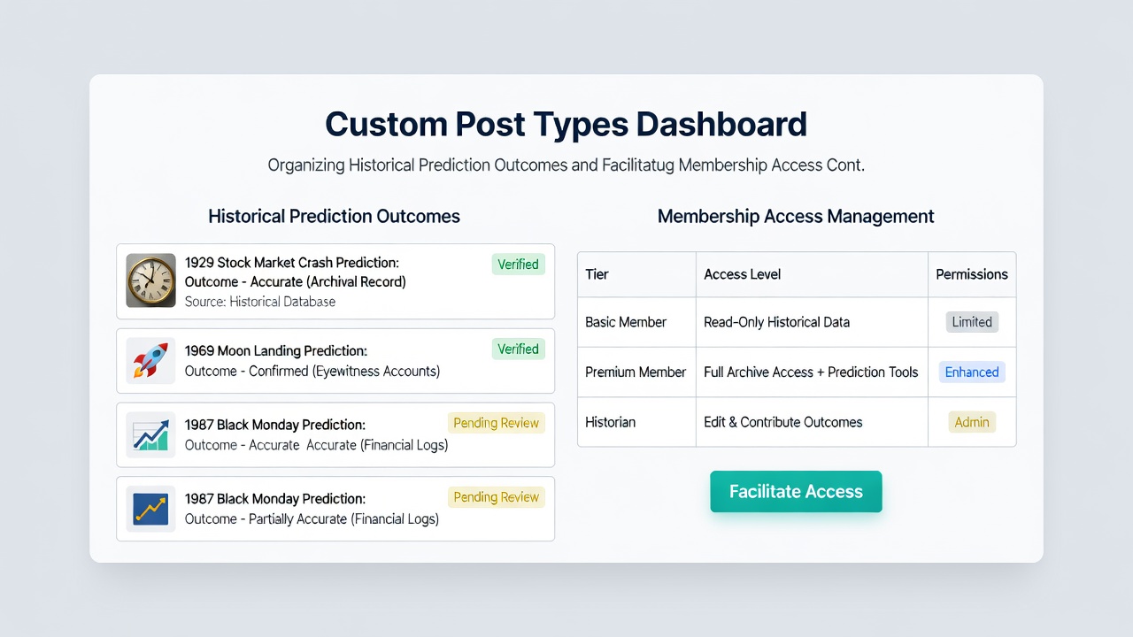 Membership access control interface displaying user roles linked to custom post type permissions for historical prediction data