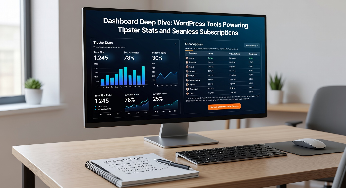 WordPress admin dashboard displaying interactive tipster performance charts and subscription metrics