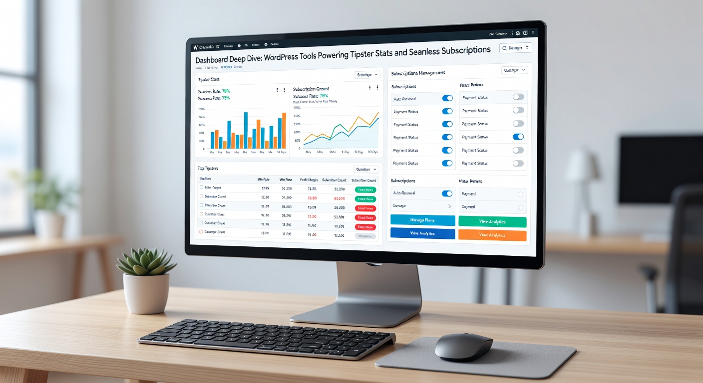 Close-up of subscription management panel in WordPress dashboard with renewal stats and tipster performance overlay