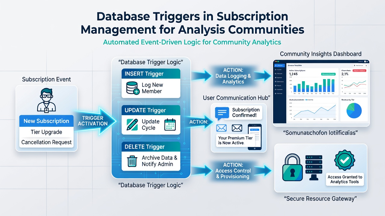 Flowchart illustrating trigger-based subscription renewal and access control in analysis community databases