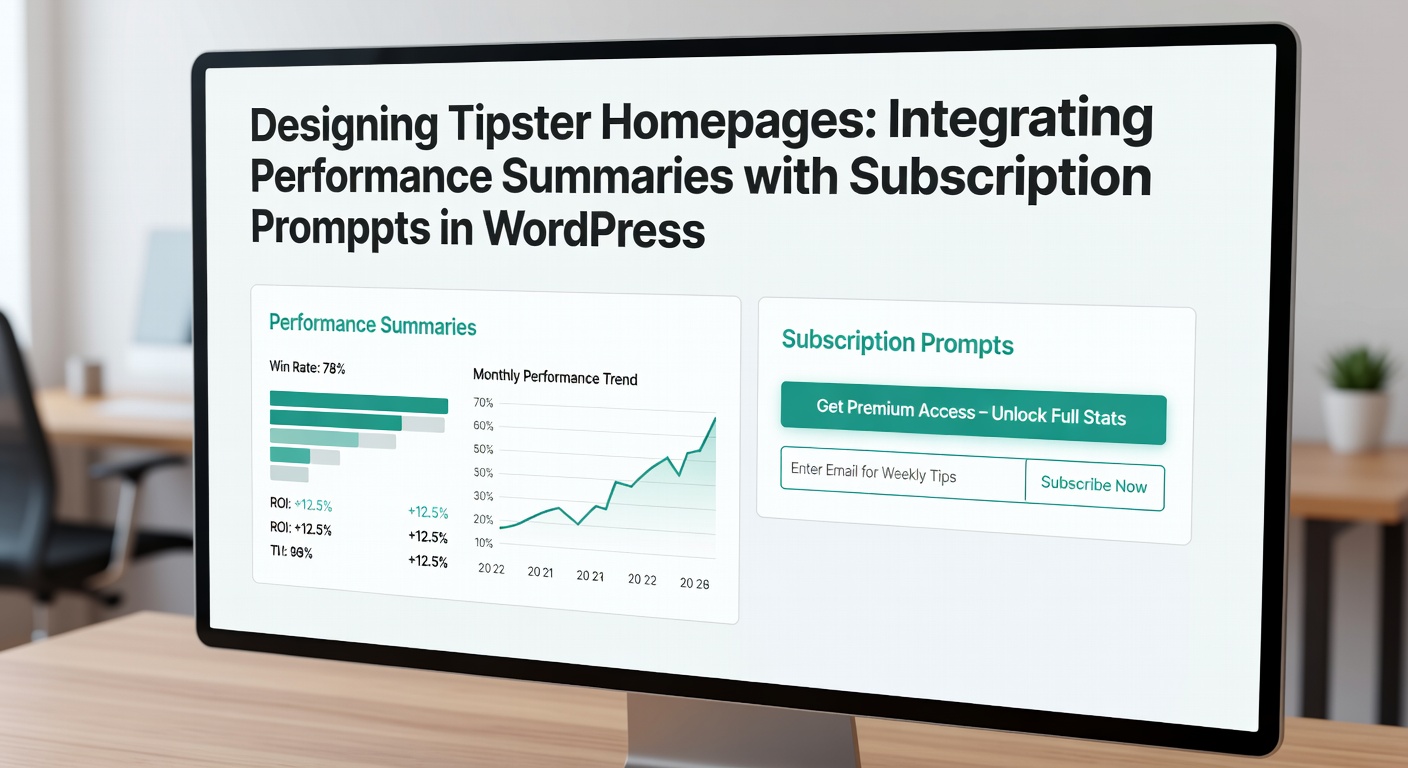 Screenshot of a WordPress tipster homepage displaying performance metrics alongside a prominent subscription call-to-action button