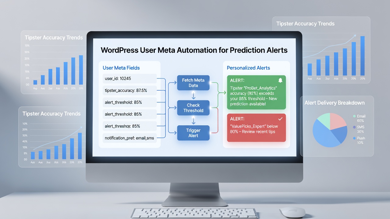 WordPress dashboard showing user meta fields configured for tipster accuracy tracking and alert automation