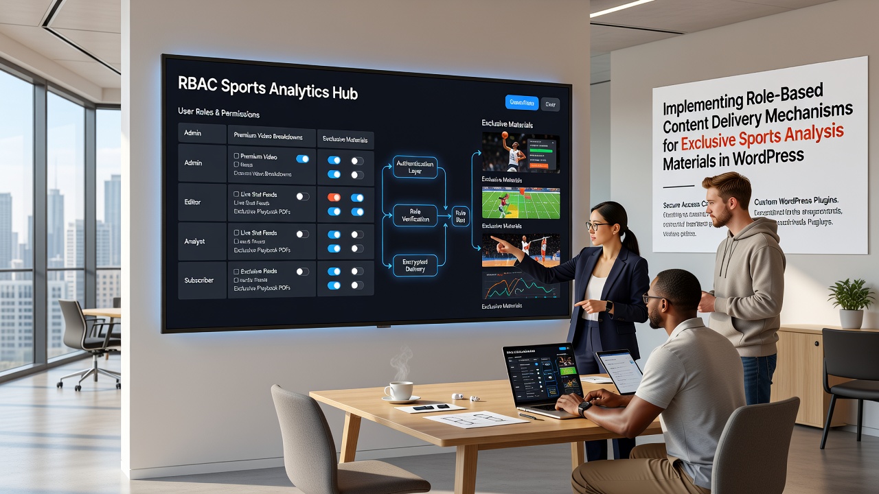 Diagram illustrating role-based content flow from sports analysts to subscribed users in a WordPress environment