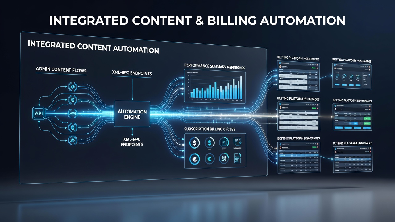 Admin dashboard showing XML-RPC endpoint configuration for automated content updates on a betting platform