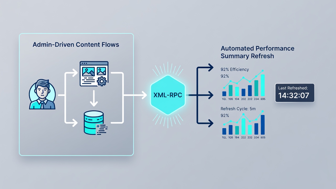 XML-RPC data flow diagram illustrating automated refreshes between admin systems and betting platform homepages