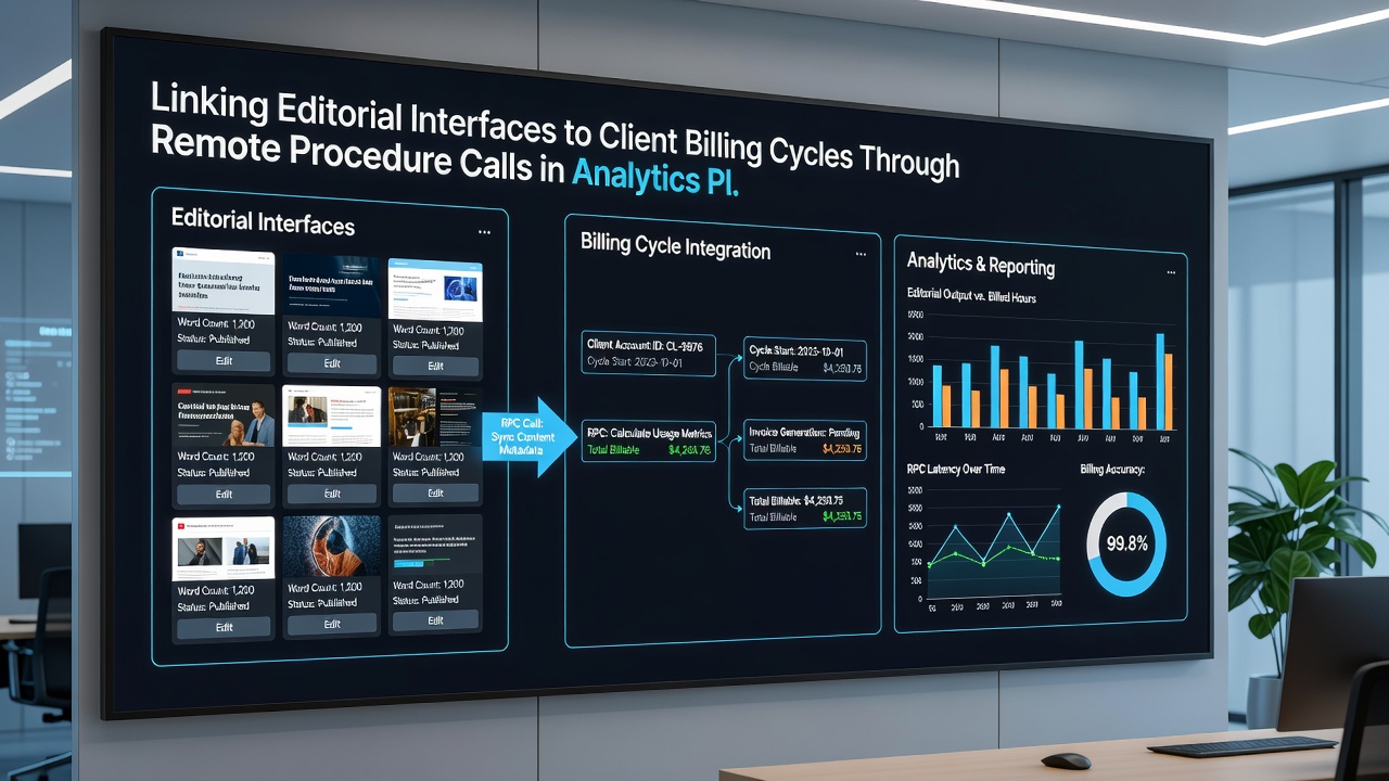 Technical diagram illustrating remote procedure call flow between editorial tools and client billing cycles in an analytics platform
