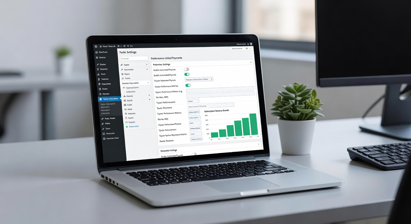 WordPress admin dashboard displaying performance-linked payment configuration for tipster subscriptions, with graphs showing automated adjustments based on win rates