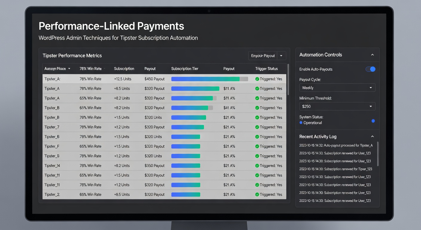 Close-up of WordPress admin interface with automation rules for tipster subscriptions, illustrating hooks connecting performance metrics to payment gateways