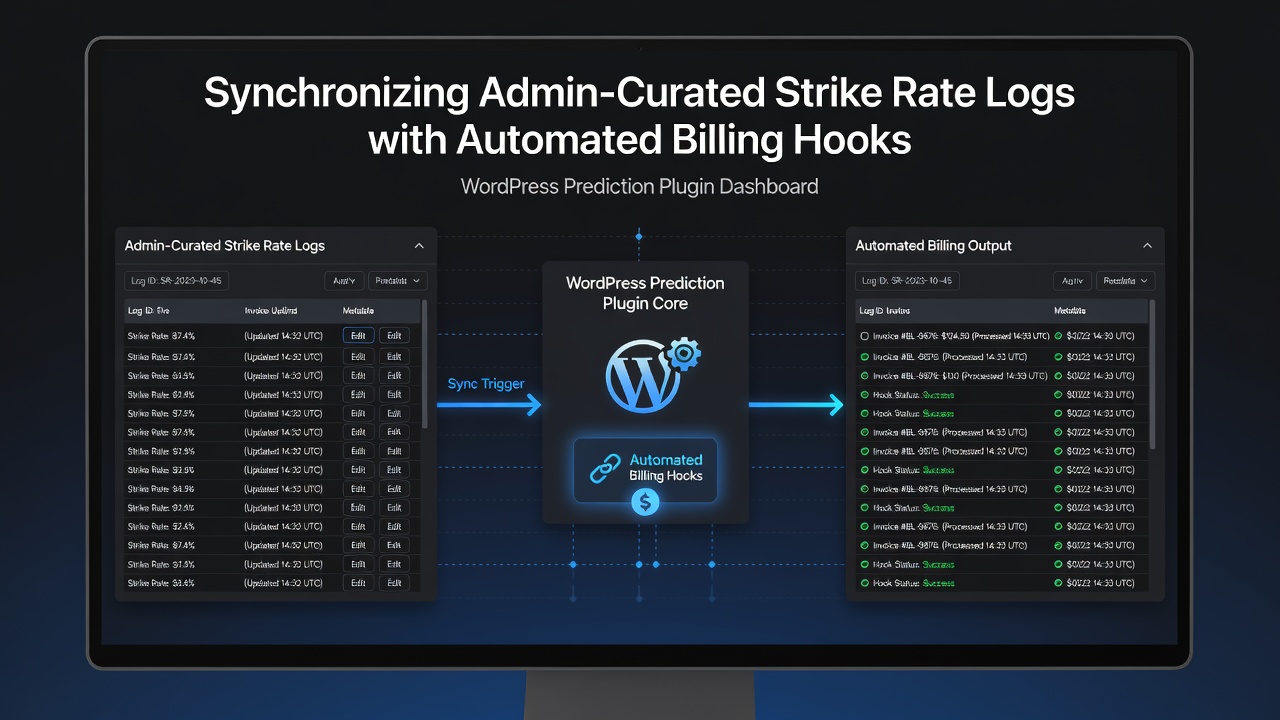 Code snippet and database diagram illustrating sync between performance logs and subscription billing in WordPress