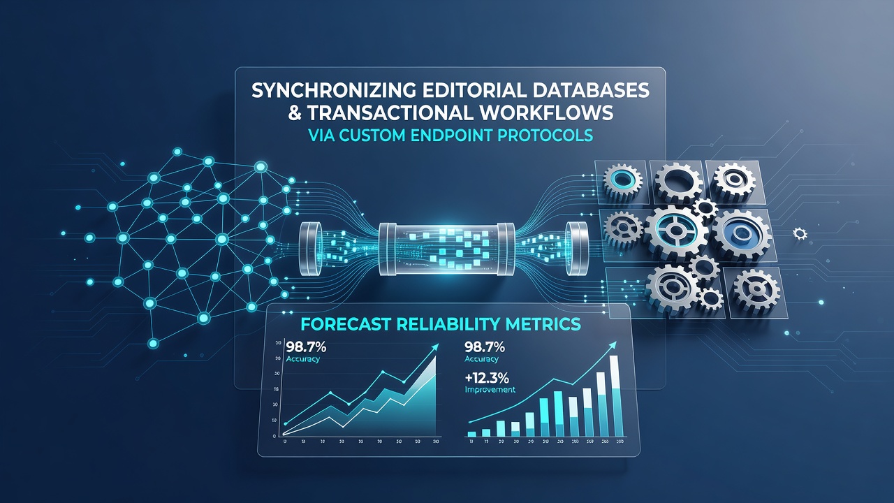 Database synchronization diagram showing editorial content flows into transactional systems via secure endpoints