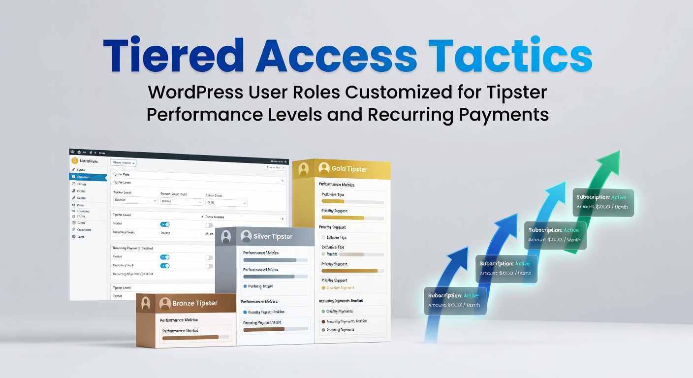 Screenshot of WordPress admin dashboard showing customized user roles for tipster tiers with performance metrics overlaid