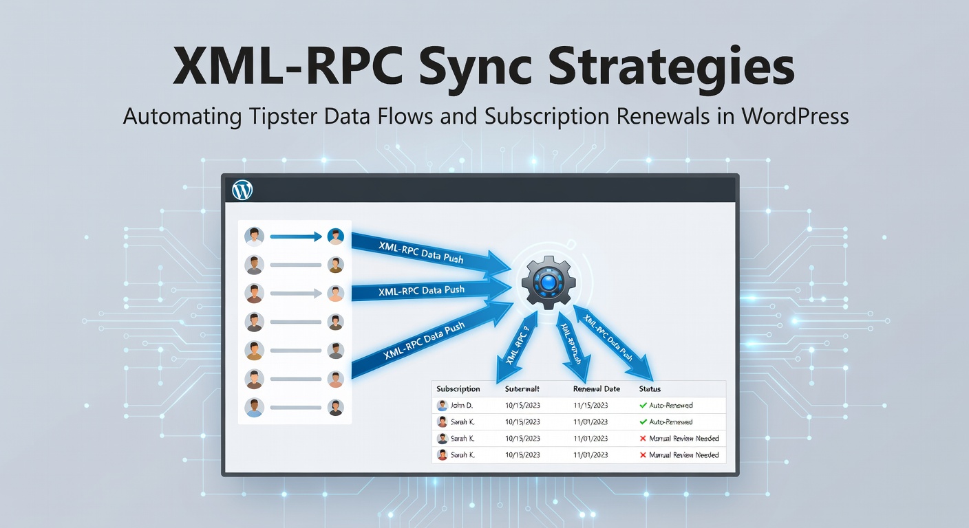Diagram illustrating XML-RPC data sync between tipster platforms and WordPress sites, showing arrows for tips upload, performance updates, and renewal triggers