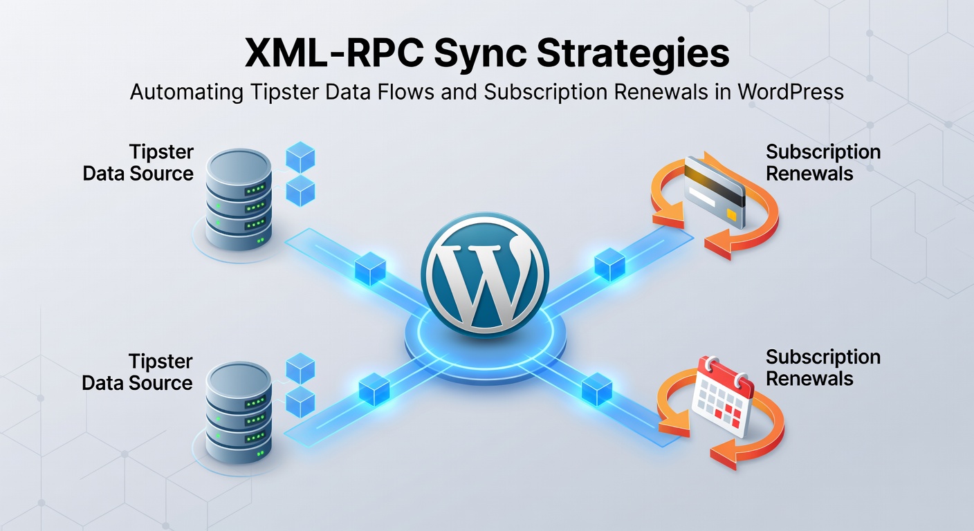 Screenshot of WordPress dashboard showing XML-RPC sync logs for tipster data imports and subscription renewal queues
